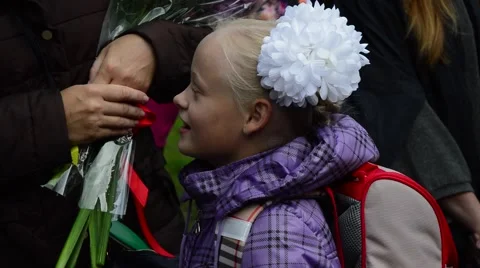 The first-grader at school with flowers Stock Footage 54496717