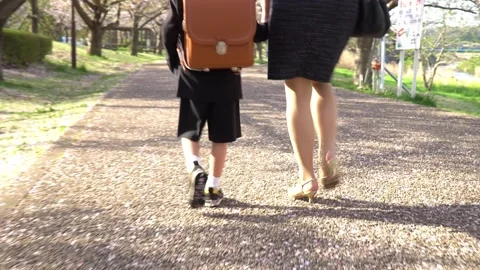 A First Grader Walking Hand in Hand with His Mother Stock Footage 331979757