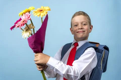 First grader in a white shirt with a backpack holds a bouquet of flowers in his Stock Photos