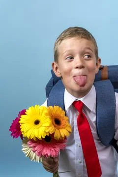 First grader in a white shirt with a backpack holds a bouquet of flowers in his Stock-Fotos