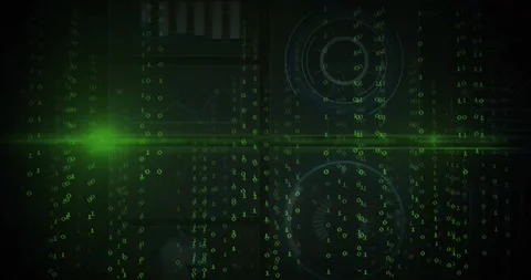 First green digits appearing streaming down columns while glow sweeping panels Stock Footage 327359512