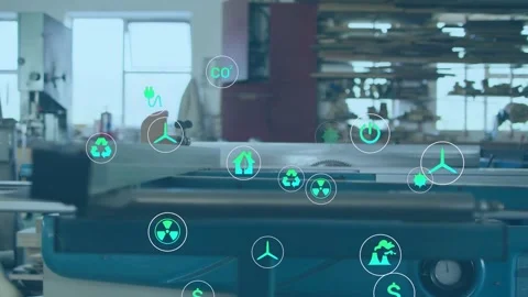 First green plug icon appearing blue conveyor moving icons rising centering Stock Footage 332577478