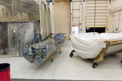 The first half of the payload fairing for the Orbital ATK Pegasus XL rocke... 스톡 사진