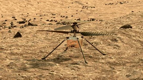 First helicopter on mars trying to start flight. 3d illustaration Stock Illustration
