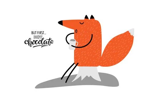 But first hot chocolate text, Cartoon fox siting on stump and drinking hot drink Stock Illustration