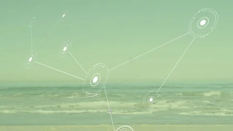 First HUD circle appearing, ring network forming and drifting across sea to map Stock Footage 334352073