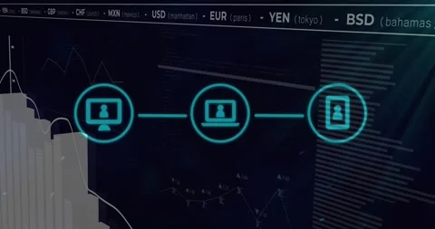 First icon appearing, tri-device morphing, linking while finance bars,ticker Vídeos de archivo 330767896