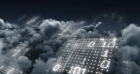 First illuminated panel drifting down triggers binary panels rotating in clouds Stock Footage 310150855