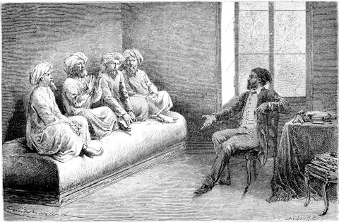 First interview with Tartar slow pilgrims (Sunni) in Tehran, vintage engravin Stock Illustration