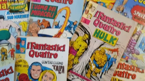 First italian edition of Marvel comic books, covers of Fantastic 4 Stock Footage 162875503