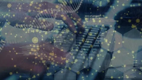 First keypress starting data layers while hands typing at keyboard, helix moving Stock Footage 330717922