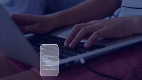 First keystroke initiating overlays, hands typing, code panels appearing, Stock Footage 333256121