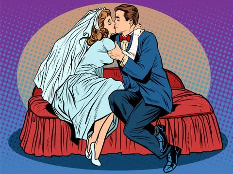 First kiss wedding night, the bride and groom Stock Illustration