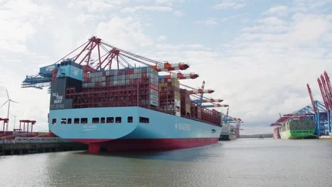 First Large Methanol-Enabled Container Vessel Ane Maersk Docked in Hamburg Stock Footage 270485873