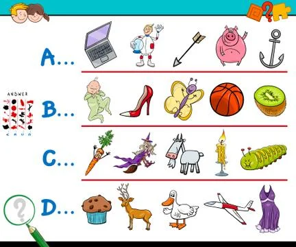 First letter of a word educational game for children Stock Illustration