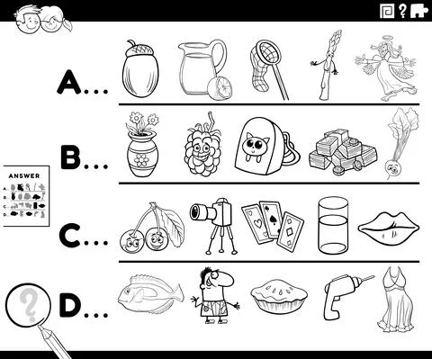 First letter of a word task for children coloring book page Illustrazione stock