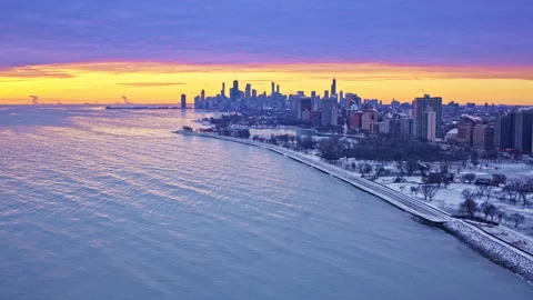First light drone shot of downtown Chicago and Lake Michigan. Stock Footage 331236209