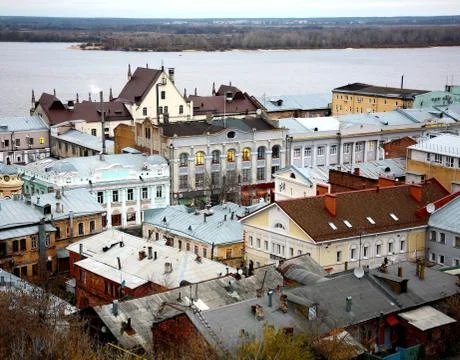 First lights in windows at old merchant street nizhny novgorod Stock Photos
