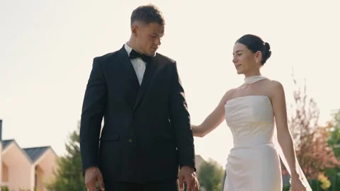First look as the bride approaches her groom on their wedding day Stock Footage 343909685