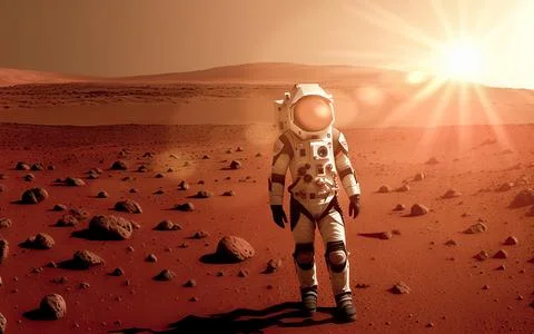 First man on mars. Astronaut in space suit landed on Mars in desert siting .. Stock Photos