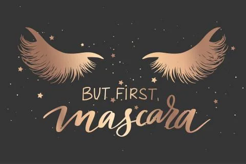 But first, mascara. Vector Handwritten Lashes quote and closed eyes with long Stock Illustration