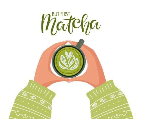 But first Matcha. Two hands with knitted sleeves holding cup of traditional Stock Illustration