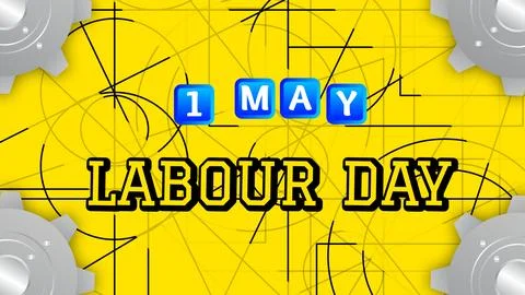 First may labour day text on gear and shape background Stock Illustration