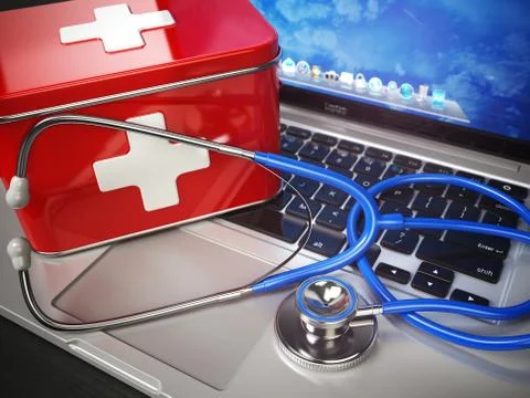 First medical aid or technical support concept. Laptop with first aid kit a.. Stockillustratie