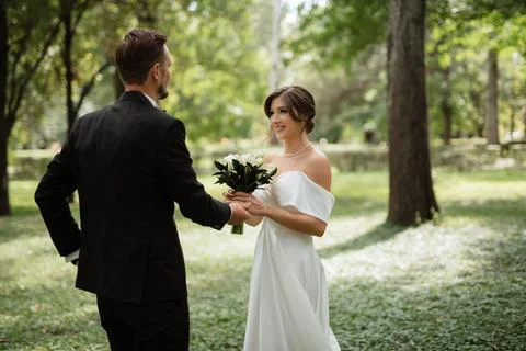 The first meeting of the bride and groom Stock Photos