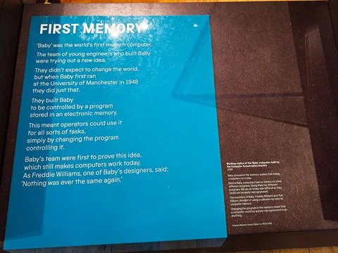 First Memory exhibit panel about Baby the first stored program computer at .. Fotos Stock