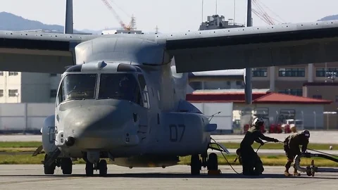 First MV-22 Osprey hot refuel at Iwakuni airbase, Japan Stock Footage 81659029