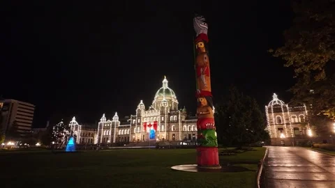 First Nations Totem Pole on a Rainy Night in Victoria, British Columbia, Canada Stock Footage 323913113