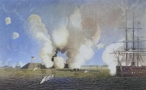 First naval battle between ironclads. The Confederate CSS Virginia, formerly Illustrazione stock