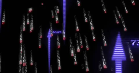 First neon arrow appearing bits falling while arrows rising showing finance Stock Footage 330893468
