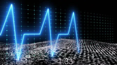 First neon-blue waveform line rising and forming spikes shifting numeric grid to Stock Footage 325702864