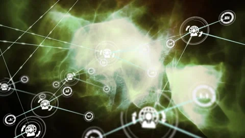 First node appearing, network expanding over green nebula, UI nodes linking Stock Footage 334182586