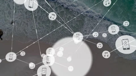 First node appearing over shore sparking network linking phone and music notes 스톡 동영상 323119063