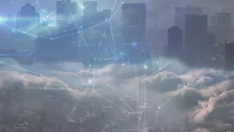 First node pulsing, network forming while clouds drifting, revealing city data Stock Footage 322120216