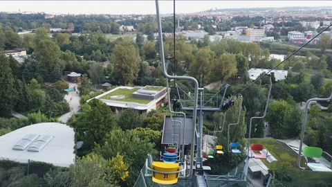 First person flying view from Roller coaster park attraction,Prague panoramic Stock Footage 138766384