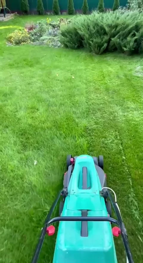 A first-person lawn mower clears grass in the garden in summer. Stock Footage 329444460