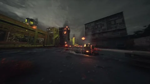 First person moving camera. Effect real running in a burning factory. Stock Footage 302784111