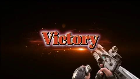 First person perspective of a player holding a futuristic rifle with a victory Stock-Footage 345779389