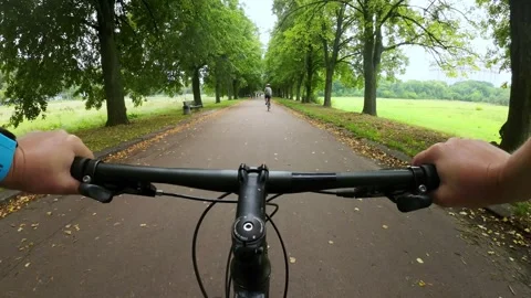 First person point of view cycling on along the asphalt path in the park. POV Video stock 203796445