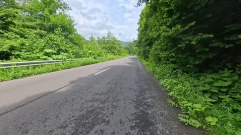 First-person POV driving shot on an asphalt mountain road passing lush green Vídeo Stock 346181764