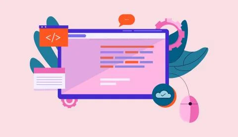 First person programming illustration. Online product development software 스톡 일러스트