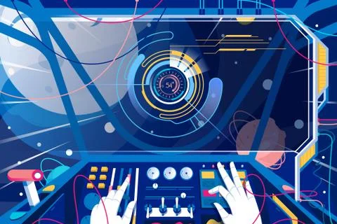 First person spaceman in spaceship with control panel in space. Stock Illustration