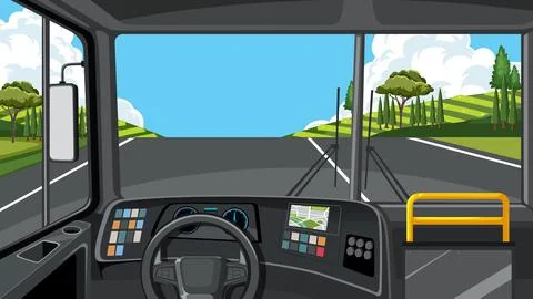 First Person View of Bus Cockpit Driving on Rural Road Stock Illustration