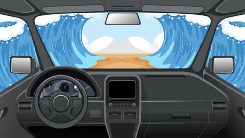 First Person View of Car Driving Toward Massive Ocean Waves Stock Illustration
