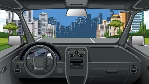 First Person View of Car Interior Driving Toward City Skyline Stock Illustration