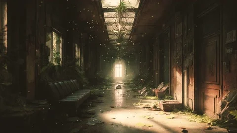 First-person view of a character moving slowly down a dark and eerie corridor in Stock Footage 234397588